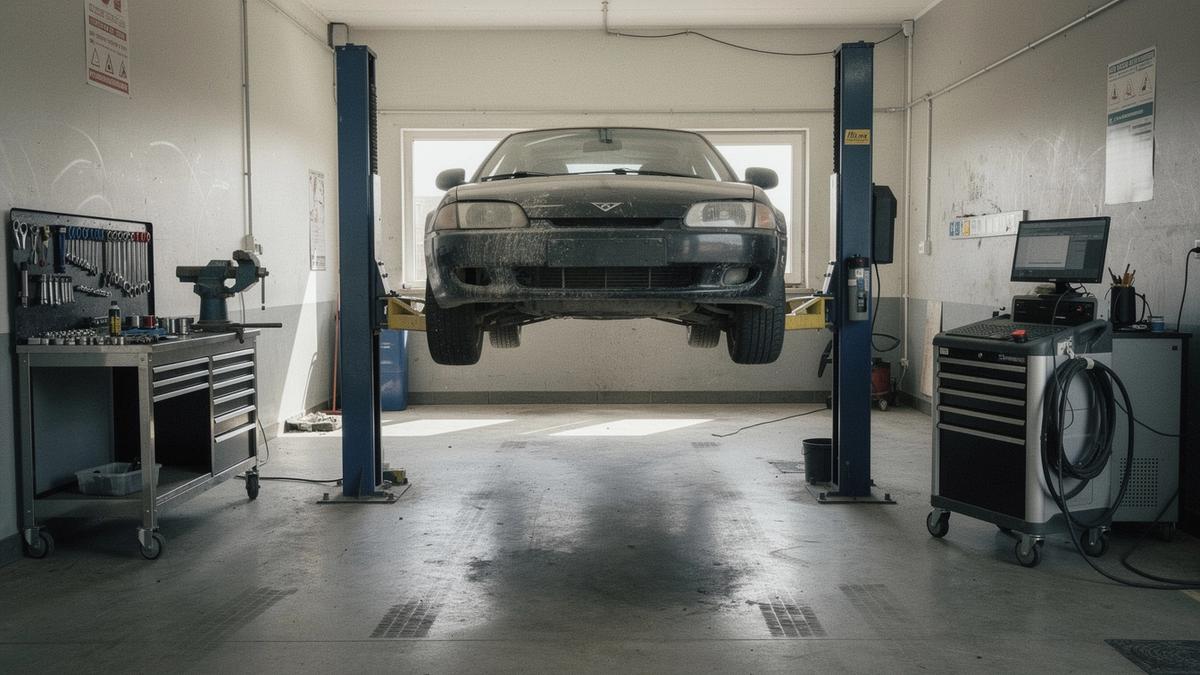 Car raised on a two-post lift inside a workshop bay