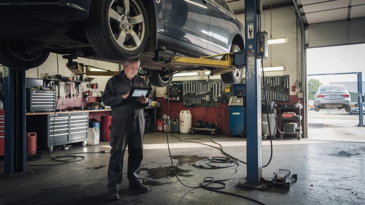 Technician inspecting a car raised on a lift in an auto repair shop bay