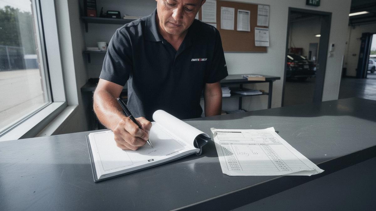 Service advisor reviewing the appointment book at a partner workshop reception desk