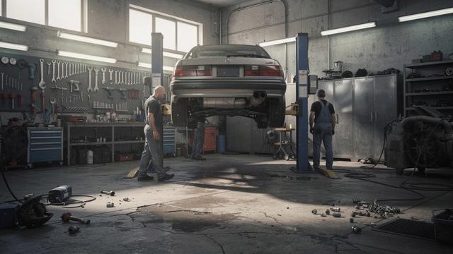 Auto repair workshop with a vehicle on a lift and organized tool wall