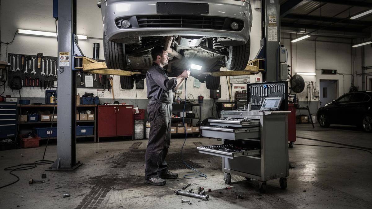 Technician checking a car raised on a lift in an auto repair workshop bay