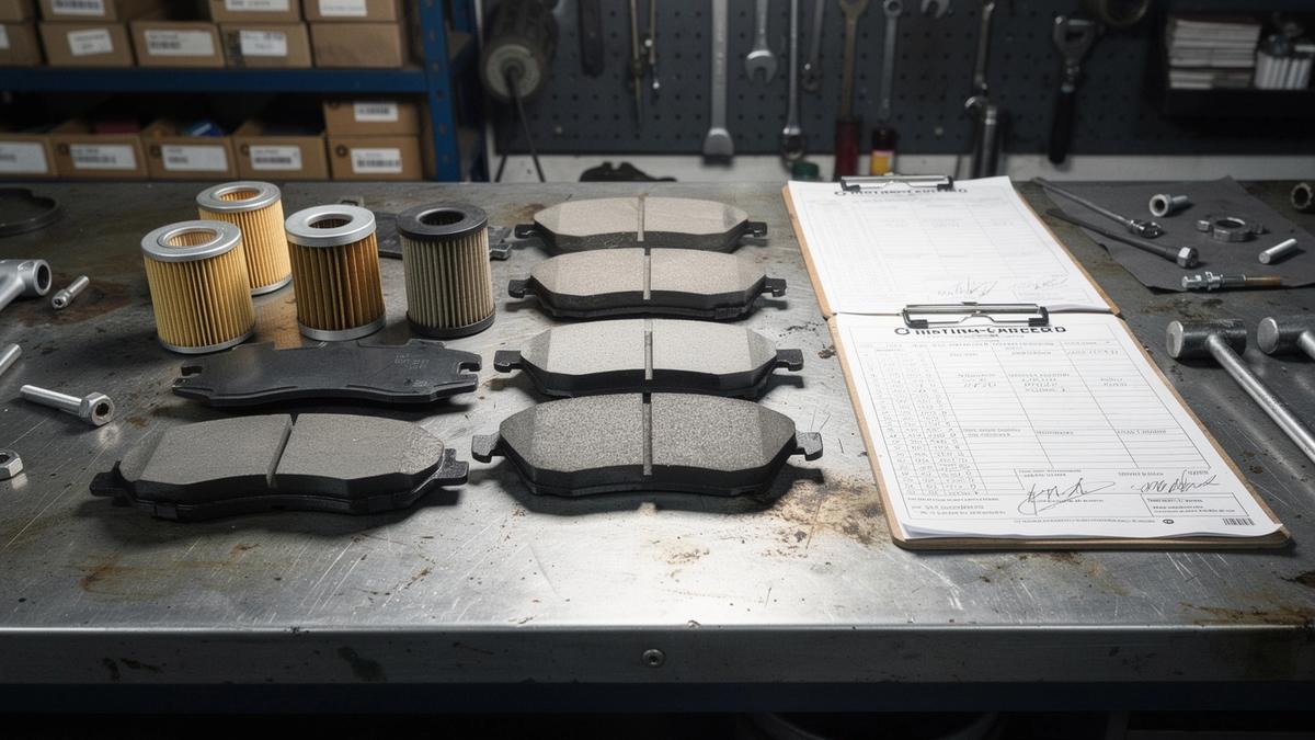 Certified auto parts and inspection documents on a workshop bench