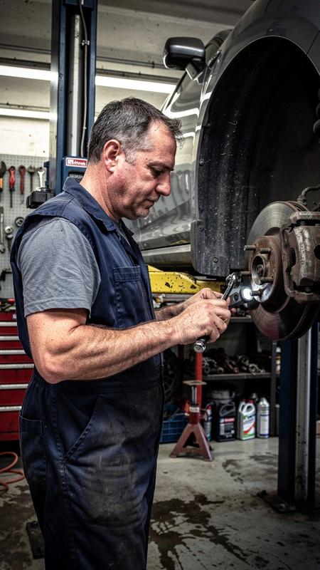 Mechanic inspecting brake discs on a vehicle hoist in a FixRoad workshop