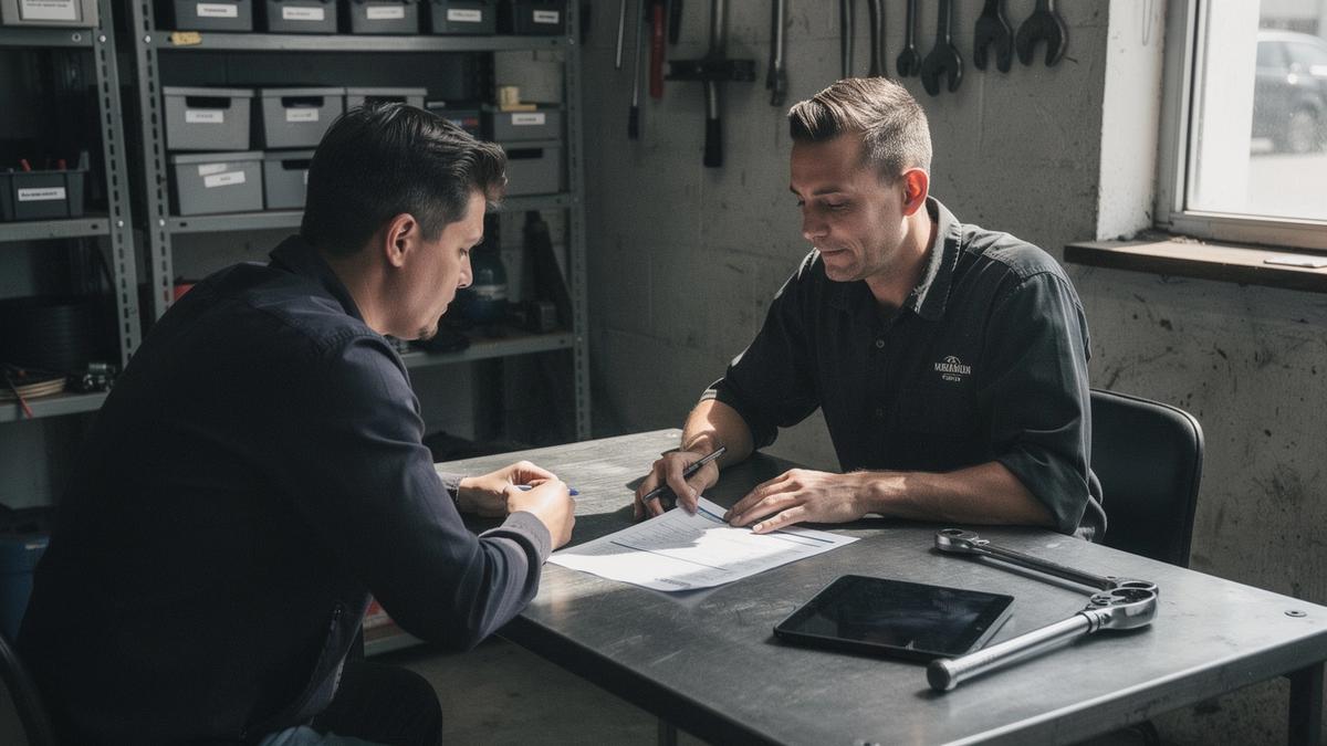 Service adviser at a workshop desk going through a printed repair estimate line by line with a customer