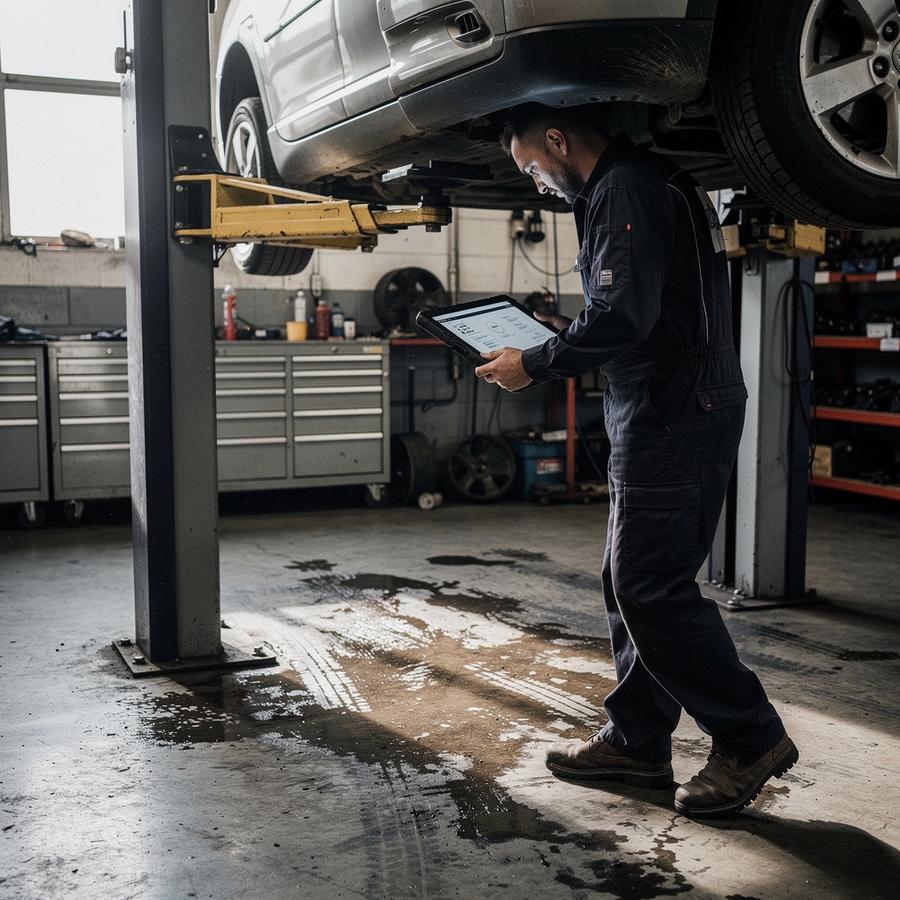Technician checking a car raised on a workshop lift