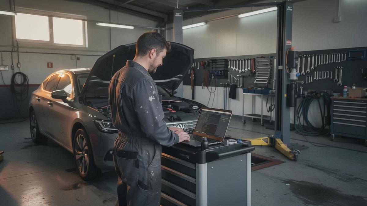 Technician reading live diagnostics on a laptop beside an open engine bay