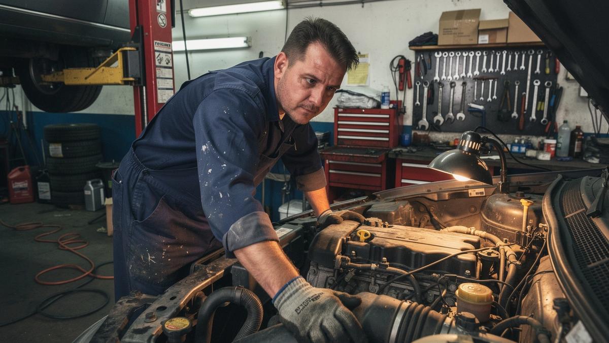 Mechanic inspecting an engine bay in a pocoslate.com auto repair workshop