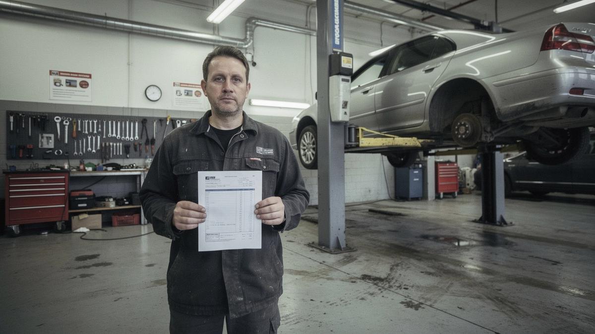 Technician at a workshop bench comparing a printed repair estimate with a car raised on a lift